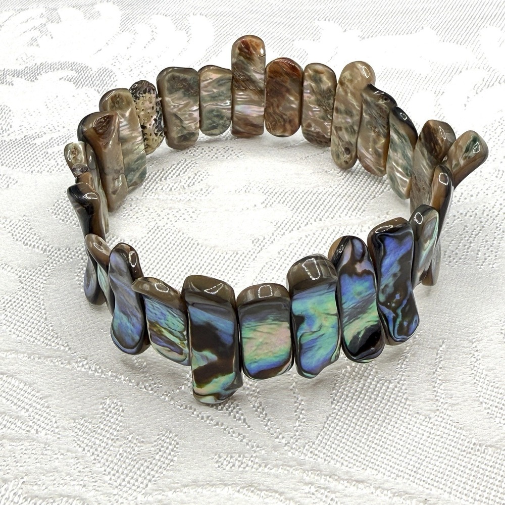 Vintage Polished Blue Abalone Shell Beads Stretch Bracelet 7"‎